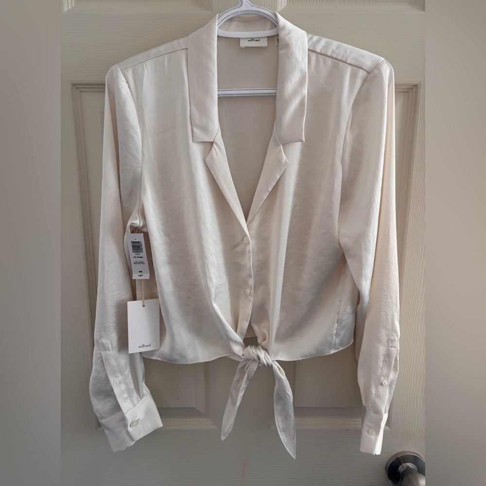 WILFRED light birch satin Button-Up Tie Front Blouse BNWT